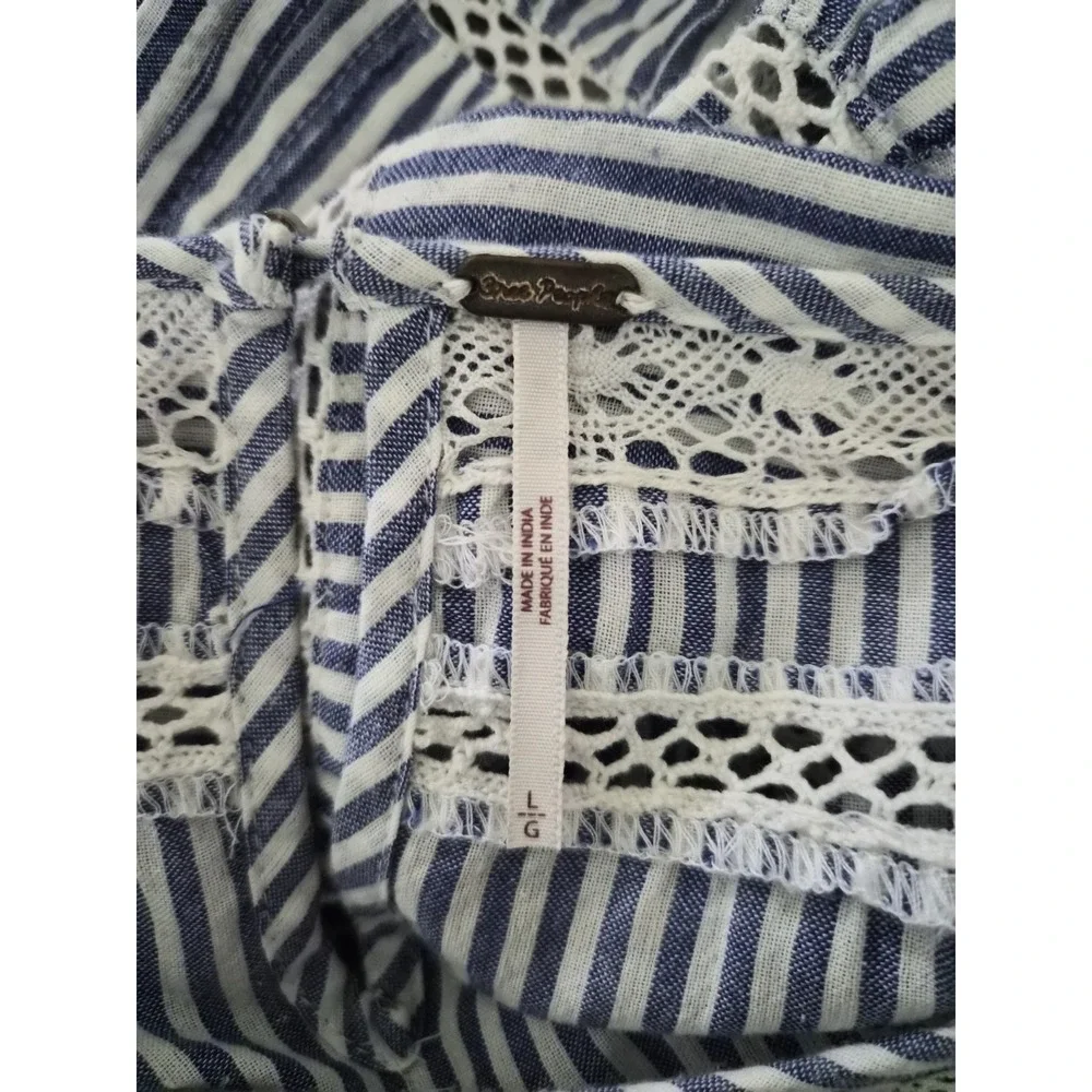 Free People Sunny Day Dress L Blue White Stripe Embroidered Cotton Boho Mini